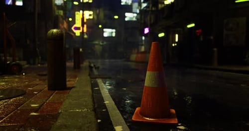 Urban Street at Night with Neon Lights and a Traffic Cone