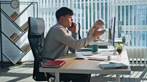 Confident Professional Speaking Smartphone Coworking Office Closeup Man Calling