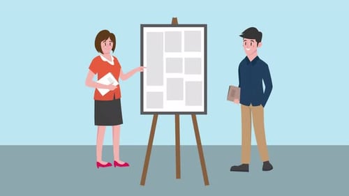 2D Flat Design Animation of Business Colleagues Presenting on Easel