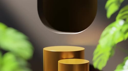 Golden Product Presentation Stand with Stylish Wall with Opening and Green Leaves 3d Render