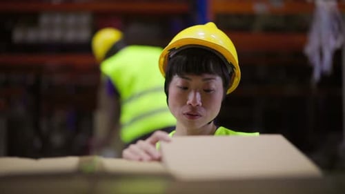 Trabalhador de armazém verificando estoque de caixas de papelão