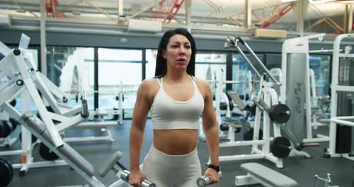 Athletic Woman in White Sportswear Doing Exercises with Dumbbells During Her Workout in the Gym