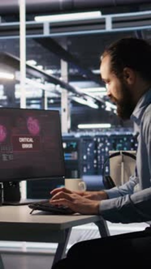Vertical Video Engineer in Data Center Frustrated By Critical Error Popup on Monitor