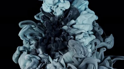 In a Slowmotion Clip See White and Black Paint Mix in Water Against White While Colored Ink Spreads