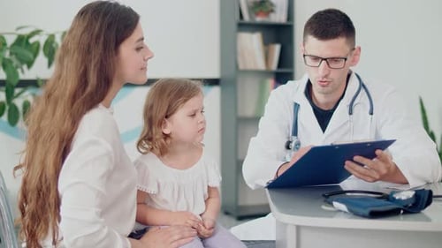 Doctor Talking with Patient and Mother in Office