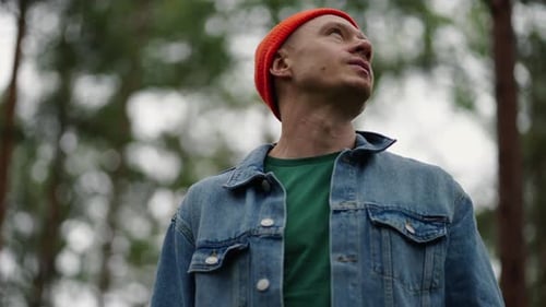 Cinematic Portrait Of Handsome Young Adult Man In Forest Tourist Admiring Nature Of Woodland