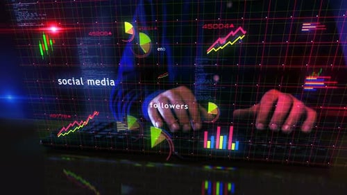 Social media charts graphs display with typing keyboard