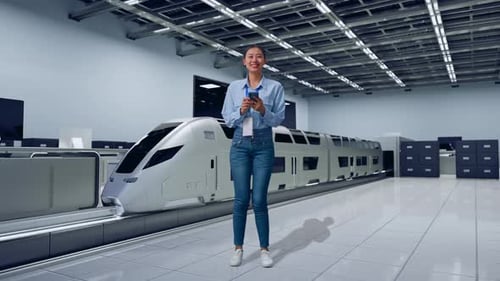 Woman Standing Near Futuristic Train Using Phone