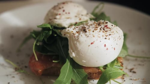 Sandwich Brunch Lunch Plate with Smoked Salmon and Cream Avocado and Arugula