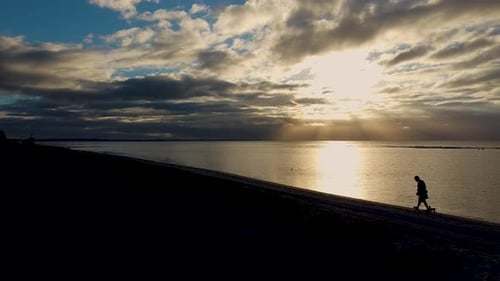 silhouette of a person walking a dog at sunset along the beach with sun rays shining through the clo