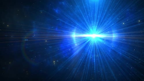 Glowing particles scatter, creating depth and dynamic energy. lights and particles leaving visible t