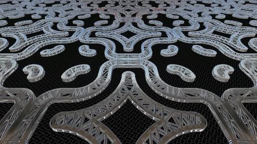 Fondo con estructuras alámbricas de figuras en movimiento sobre cromo, exclusivo, renderizado 3D, reflejos y formas