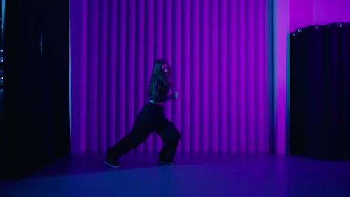 Beautiful Lady Dancing Modern Choreography In Studio With Neon Lights Young Female Dancer