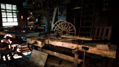 Old Carpentry Workshop Filled with Vintage Tools and Wooden Furniture