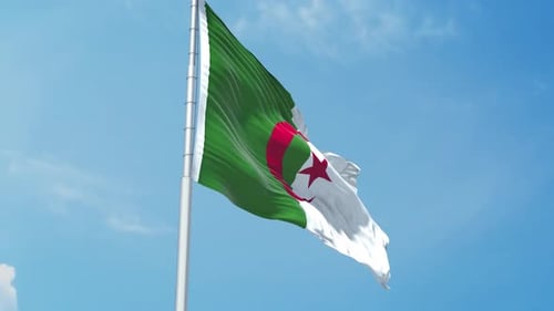 Algeria Flag Waving in Realistic 3D Animation against Blue Sky
