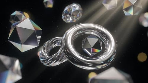 realistic abstract 3D motion graphics, complex geometric polyhedrons, toruses and icosahedrons