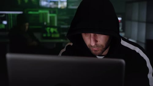 Man in Hoodie Stares Intensely at Laptop