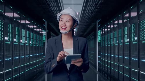 Asian Businesswoman Use Tablet While Walking and Looking Around in Data Center