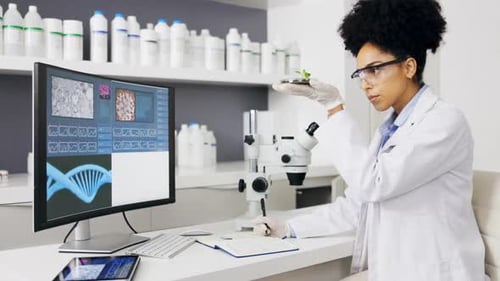 Scientist, plant research and woman writing notes for results, test or information