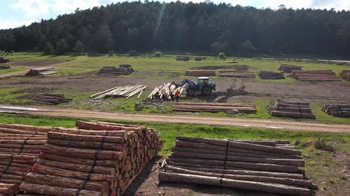 Luftaufnahme von Holz für die Verarbeitung im Sägewerk für die Holzproduktion, auch bekannt als 3