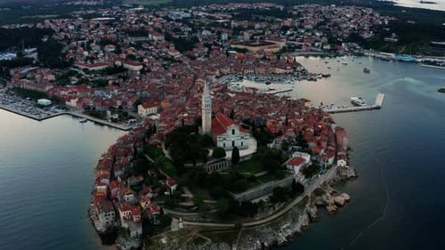 Basilica Of St. Euphemia At The Hilltop Of Medieval City In Rovinj, Istria Croatia During Sunrise. -