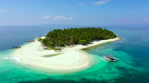 The Island of White Sand on a Large Atoll View From Above Tropical Island with Palm Trees Seascape