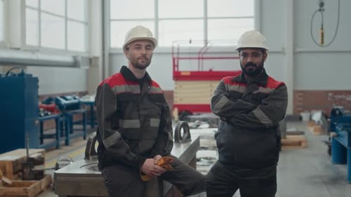 Portrait of Two Male Factory Employees at Workplace