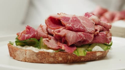 American Pastrami Sandwich in New York Ham Meet Cuts Chef Cooking Famous Thick Cut Sous Vide Beef