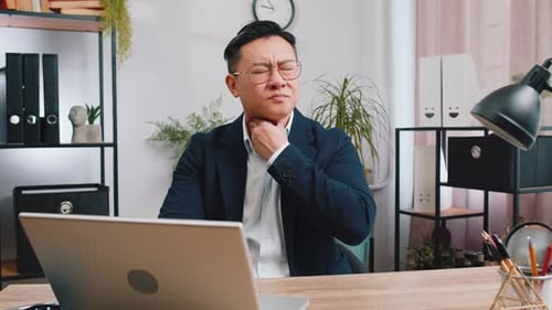 Asian Office Business Man Feeling Unwell Sick Ill Suffering From Sore Throat Hurt Swallowing Pain