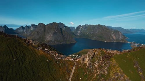 Reinebringen viewpoint Lofoten Islands in summer. Arctic sea, coastal landscape. Norway aerial drone