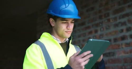 Architekt, Mann und Lächeln auf der Baustelle mit Tablet, Surfen und Online-Bauchecken