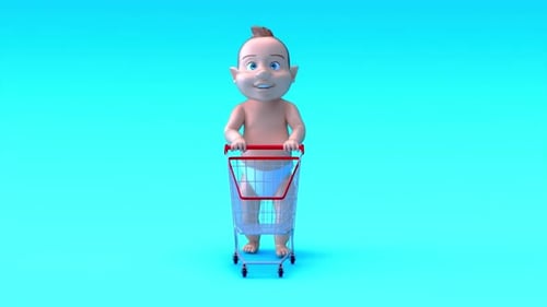 Cartoon baby in shopping cart on blue background