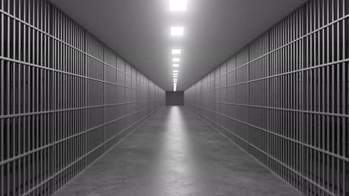 Couloir de prison avec barres métalliques et lumières vives