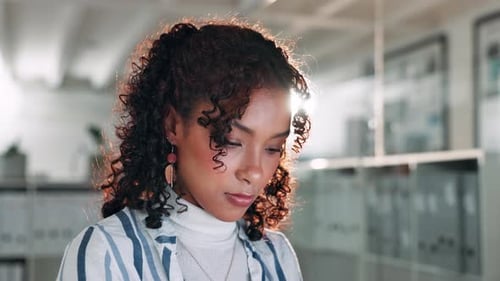 Office, business woman and reading with computer for receptionist, online review and research info