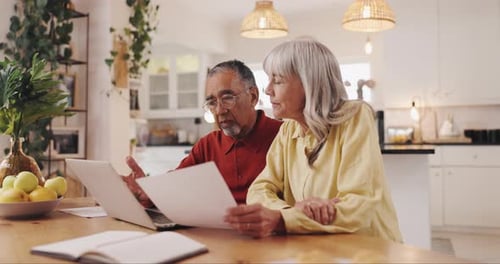 Budget, senior couple and laptop with paperwork in home for account management