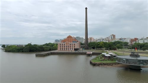 Usina do Gasometro Porto Alegre waterfront urban overcast aerial Lateral Slide