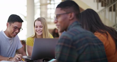 Group, learning and happy black man doing education project, knowledge study or academy teamwork