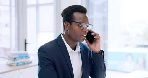 Business, black man and phone call in office for communication, corporate consulting