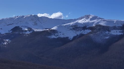 Drone Aerial Side Flyover of Snowy Mountain Ridge in Abruzzo Italy