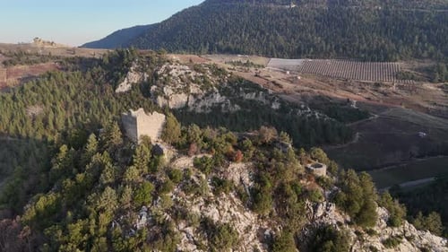 Drone view of the stone ruins inside the castle
