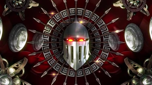 Animated Warrior Helmet with Glowing Eyes and Rotating Spears Background