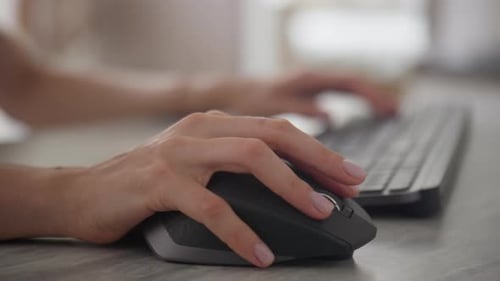 Woman using computer mouse and typing