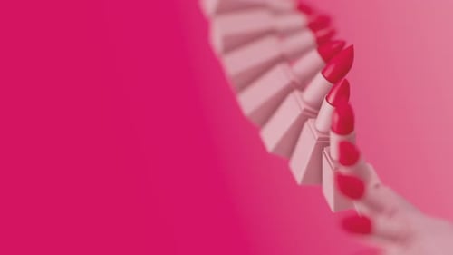 Twisted Row of Red Lipsticks Rotating Against Pink Background Beige Package with Shallow Dof Fashion