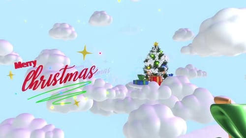 Merry Christmas 3D Title with Floating Clouds and Festive Gifts