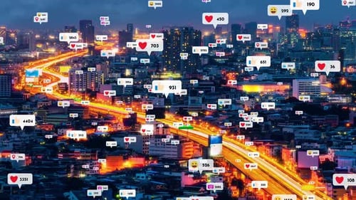 Social Media Icons Fly Over City Downtown Showing People Reciprocity Connection