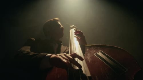 Man Plays Upright Bass at Smoky Jazz Venue
