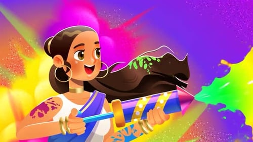 Vibrant Holi Festival Celebration with Animated Character and Colors