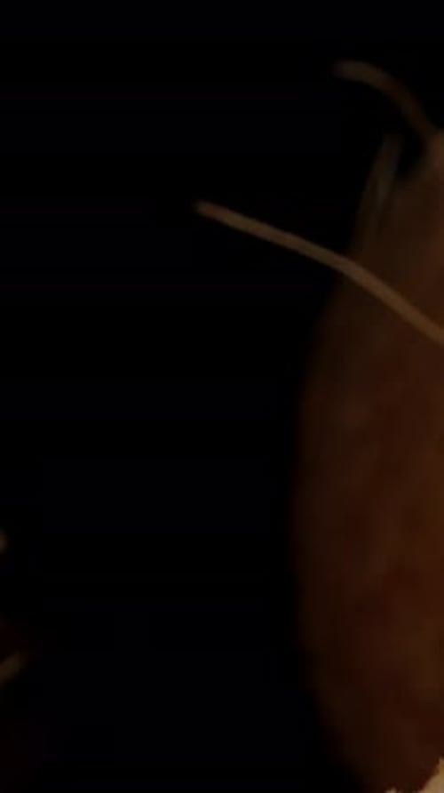 Vertical video. The camera moves through the halves of the broken coconut. Dolly slider.