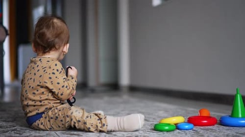 Baby Plays with Toys on Carpet Indoors
