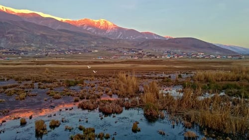 Mountain Landscape at Sunrise with Water and Birds